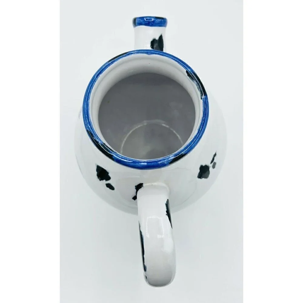 Maxcera White Pitcher w Blue Rooster 8.5'' Pottery Vase Distressed Enamel Look